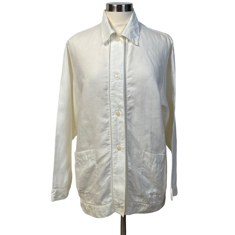 TRACY M. Size S Linen Shirt Jacket Pockets Button Front Coastal Grandma Beachy